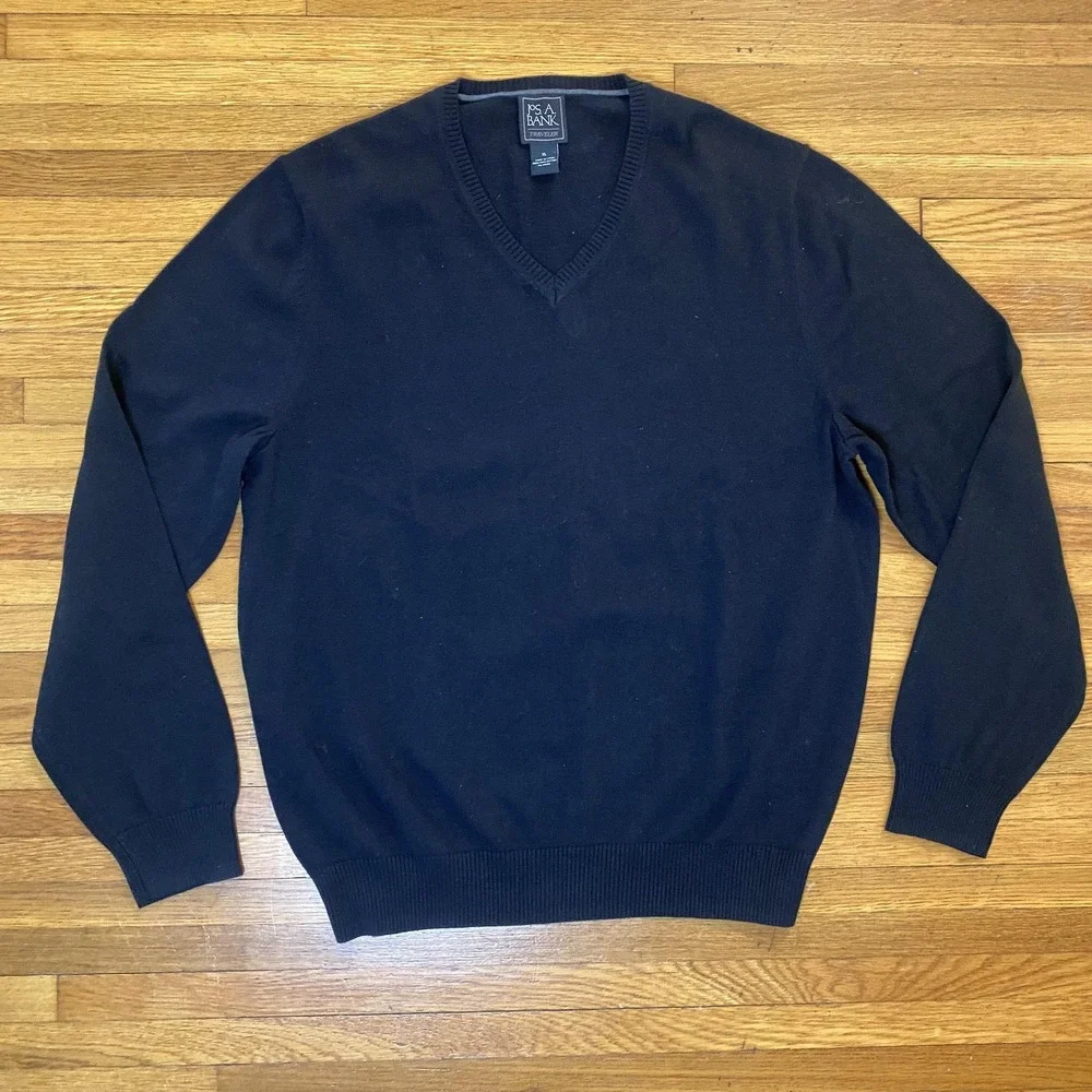 Jos A Bank Traveler Sweater Mens XL Black Pima Cotton V Neck Pullover Knit